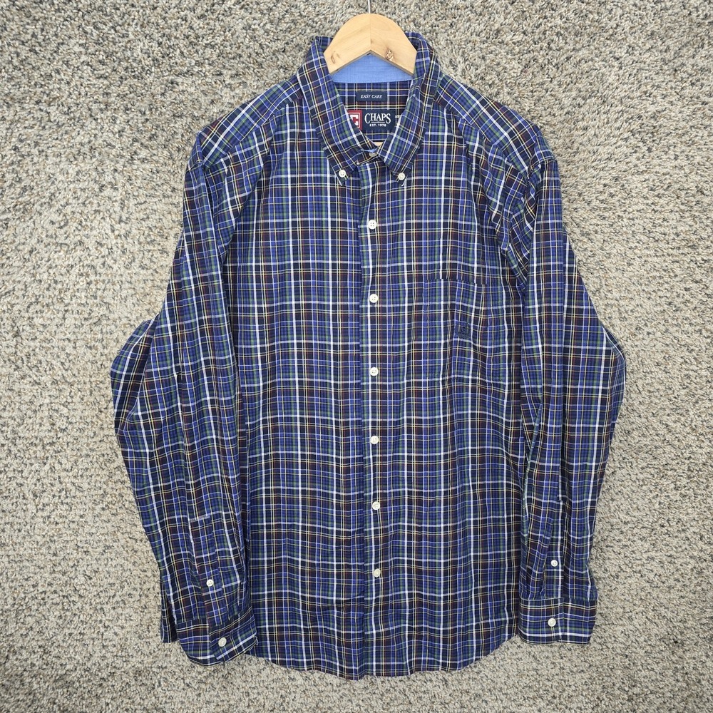 Chaps Shirt Mens XL Blue Plaid Button Down‎ Long Sleeve Easy Care Cotton Blend